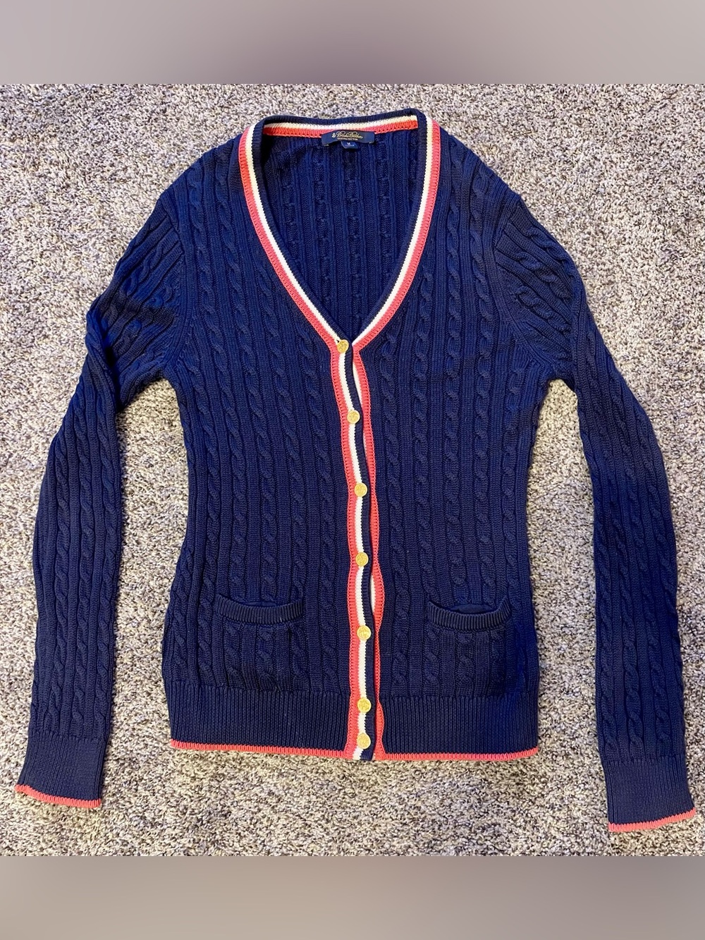 Brooks Brothers Navy Cable Cardigan with Pink and Cream Trim